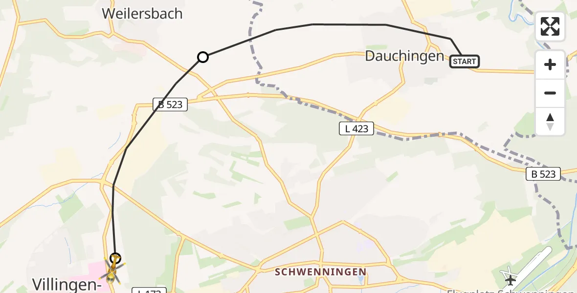 Flugroute Ambulanzhubschrauber Dauchingen - DRF Air Rescue Station Villingen-Schwenningen Hubschrauberlandeplatz (Christoph 11), 30 Mai 2026, 08:02