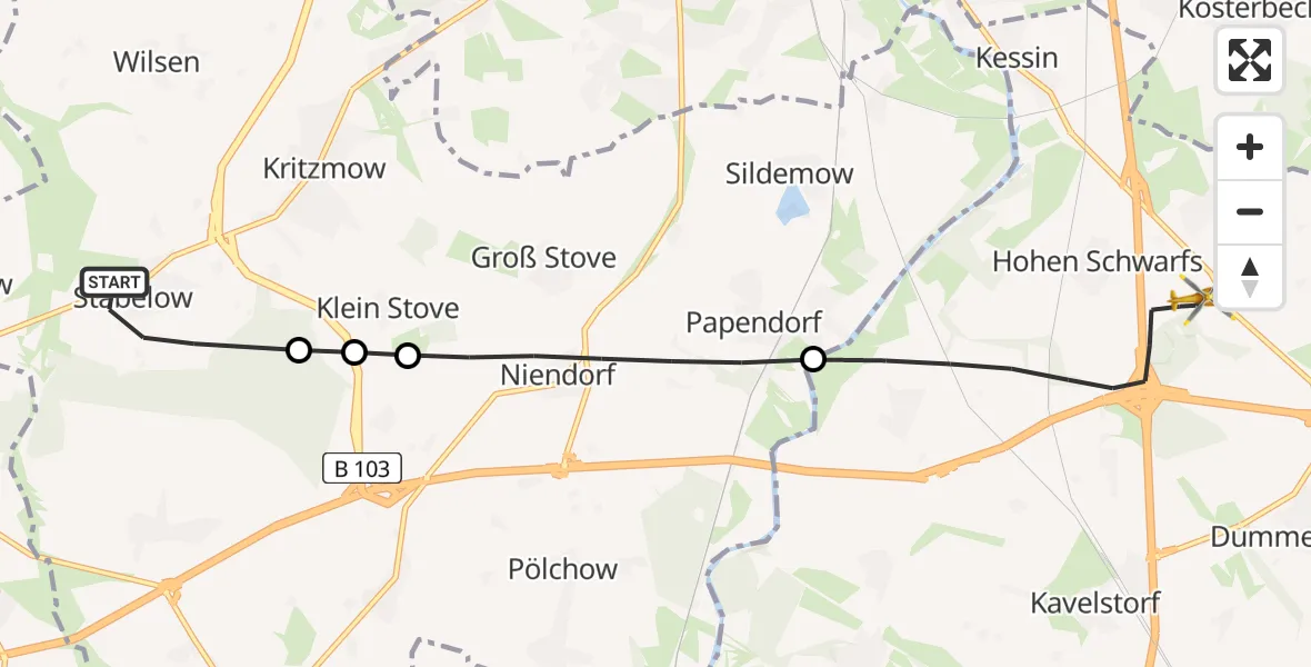 Flugroute Ambulanzhubschrauber Stäbelow - Dummerstorf, 30 Mai 2026, 08:04