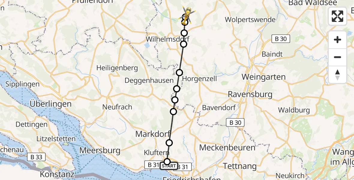 Flugroute Rettungshubschrauber Friedrichshafen Hospital - Unterwaldhausen, 30 Mai 2026, 08:06