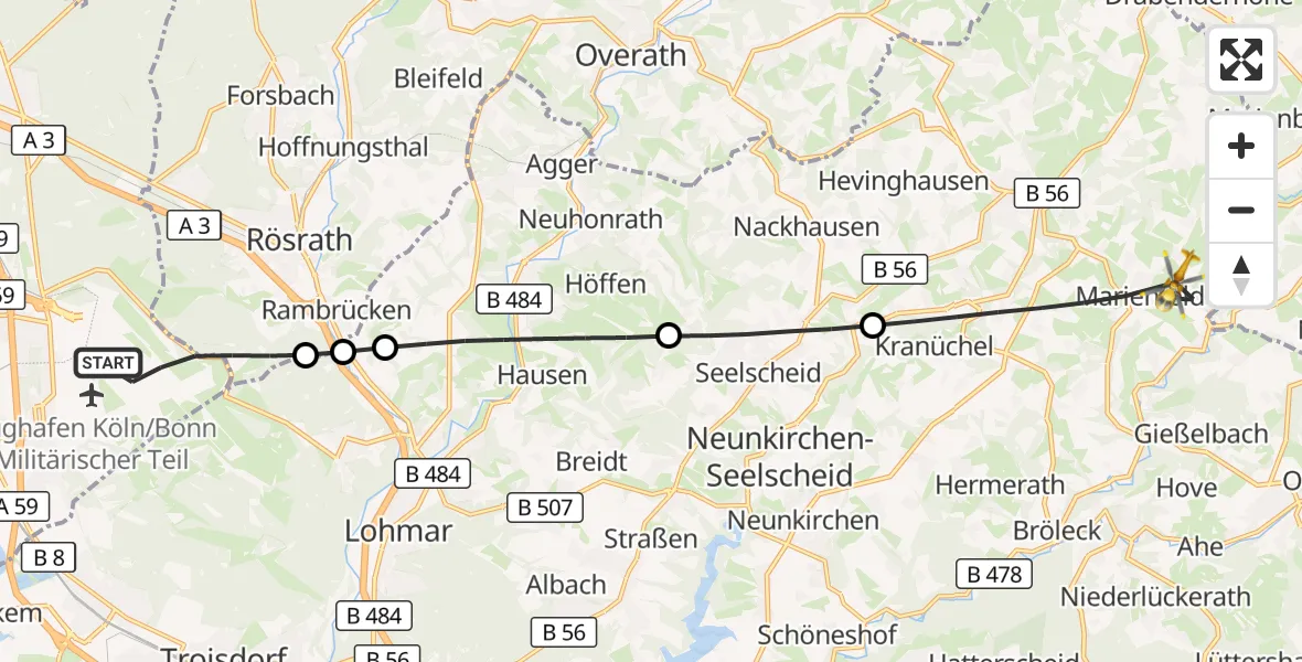Flugroute Rettungshubschrauber Köln Bonn Flughafen - Much, 30 Mai 2026, 08:13