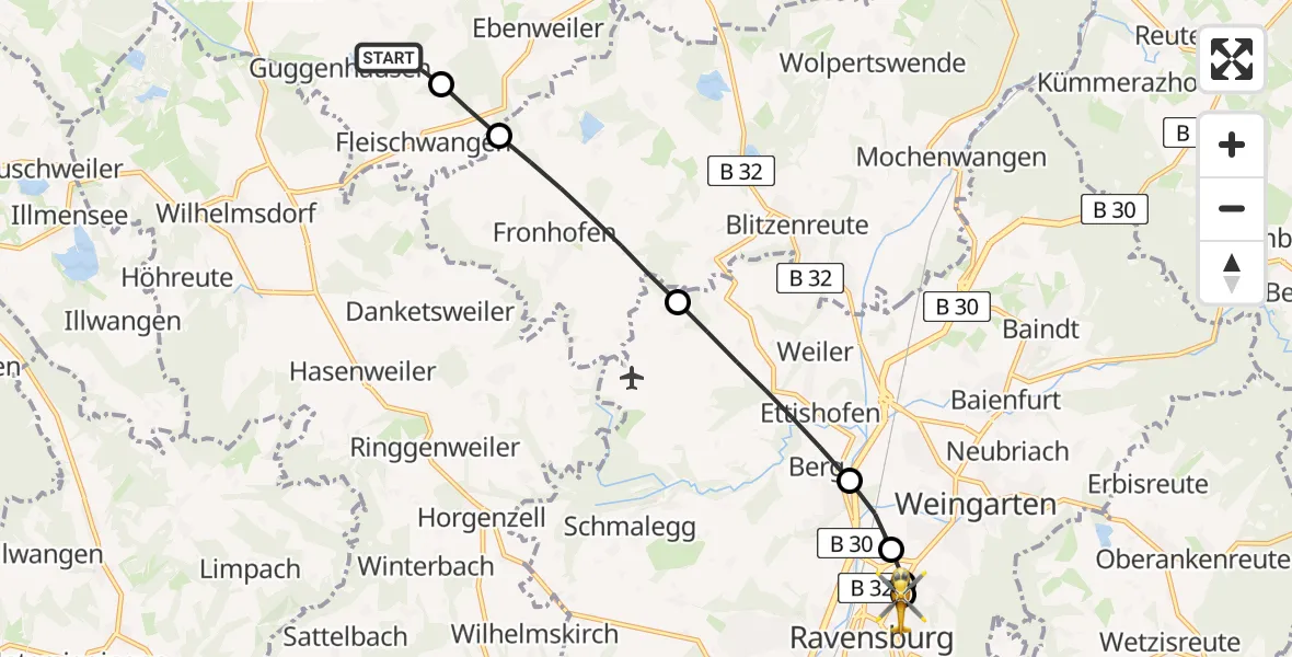 Flugroute Rettungshubschrauber Unterwaldhausen - Sankt Elisabeth Hospital, 30 Mai 2026, 08:43