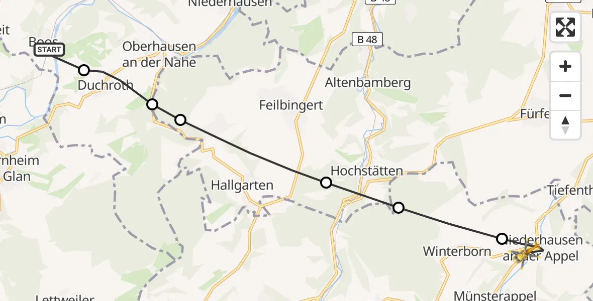 Flugroute Rettungshubschrauber Boos - Niederhausen an der Appel, 30 Mai 2026, 08:45