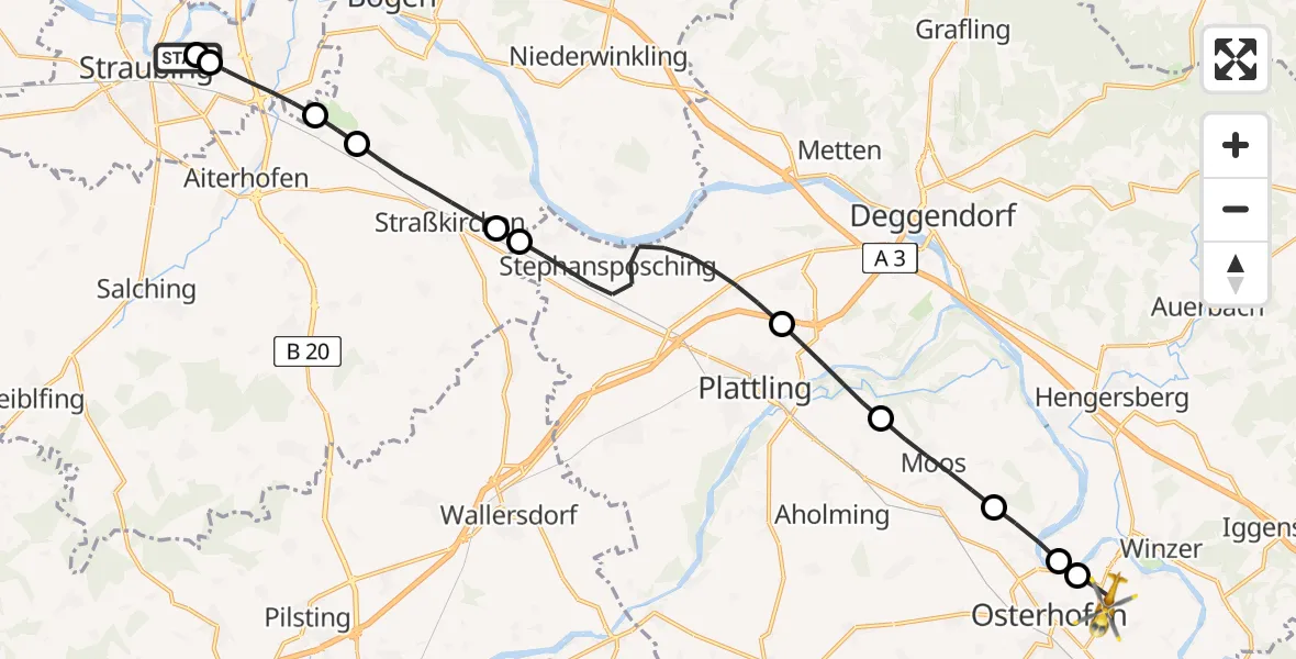 Flugroute Rettungshubschrauber Sankt Elisabeth Hospital Straubing - Osterhofen, 30 Mai 2026, 08:58
