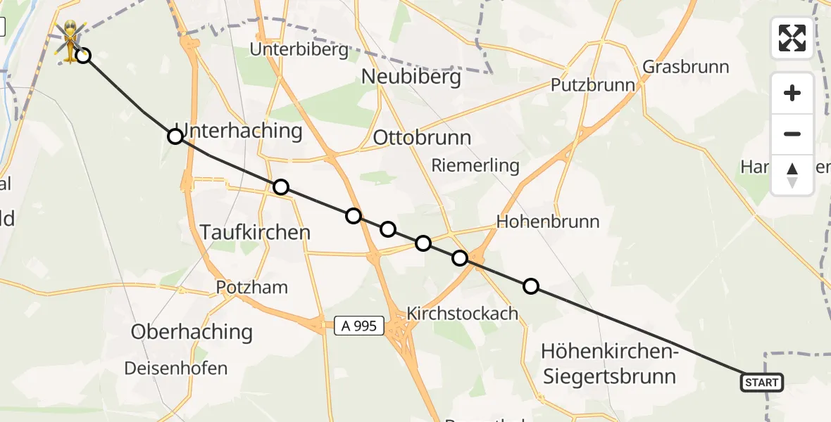 Flugroute Rettungshubschrauber Höhenkirchen-Siegertsbrunn - ADAC Air Rescue Center Hubschrauberlandeplatz (Christoph 1), 30 Mai 2026, 08:59