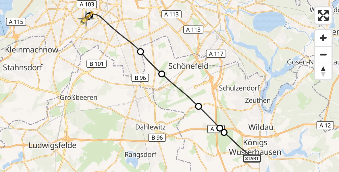 Flugroute Rettungshubschrauber Königs Wusterhausen - Charité Clinic Benjamin Franklin Campus, 30 Mai 2026, 09:01