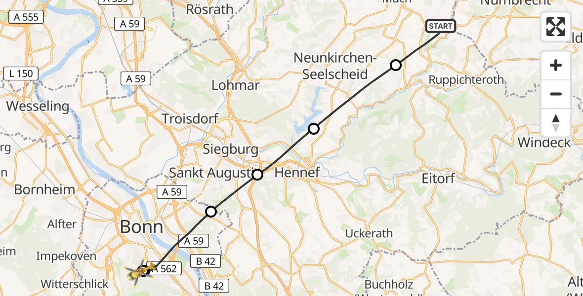 Flugroute Rettungshubschrauber Much - Bonn University Hospital, 30 Mai 2026, 09:01