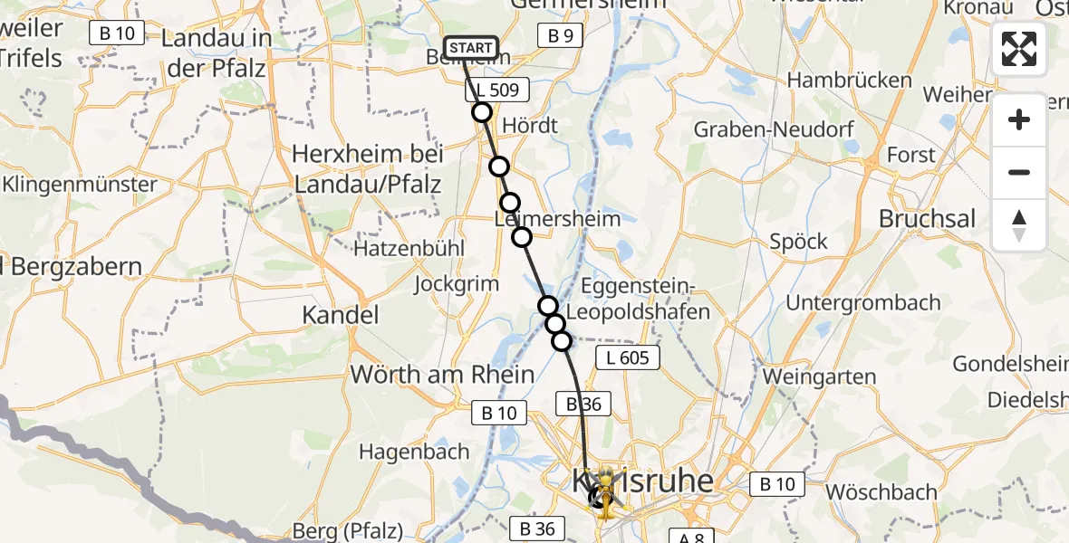 Flugroute Rettungshubschrauber Bellheim - Sankt Vincentius Hospital, 30 Mai 2026, 09:05