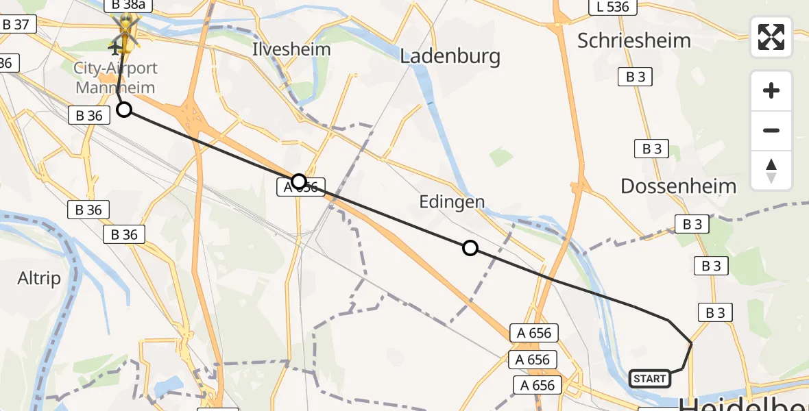 Flugroute Rettungshubschrauber Heidelberg - Mannheim-City Flughafen, 30 Mai 2026, 09:12