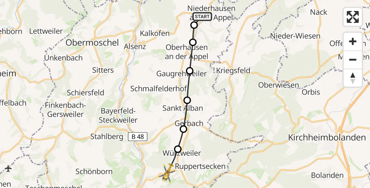 Flugroute Rettungshubschrauber Niederhausen an der Appel - Rockenhausen, 30 Mai 2026, 09:12
