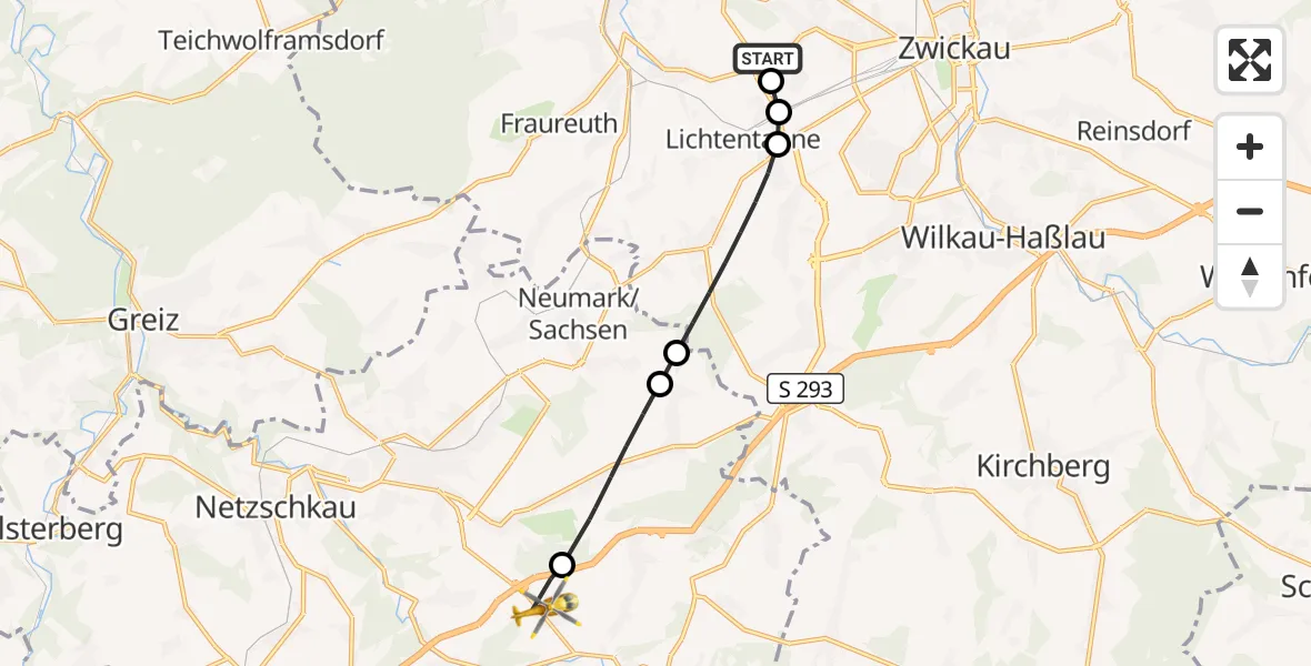 Flugroute Rettungshubschrauber ADAC Air Rescue Station Zwickau Hubschrauberlandeplatz - Lengenfeld, 30 Mai 2026, 09:12