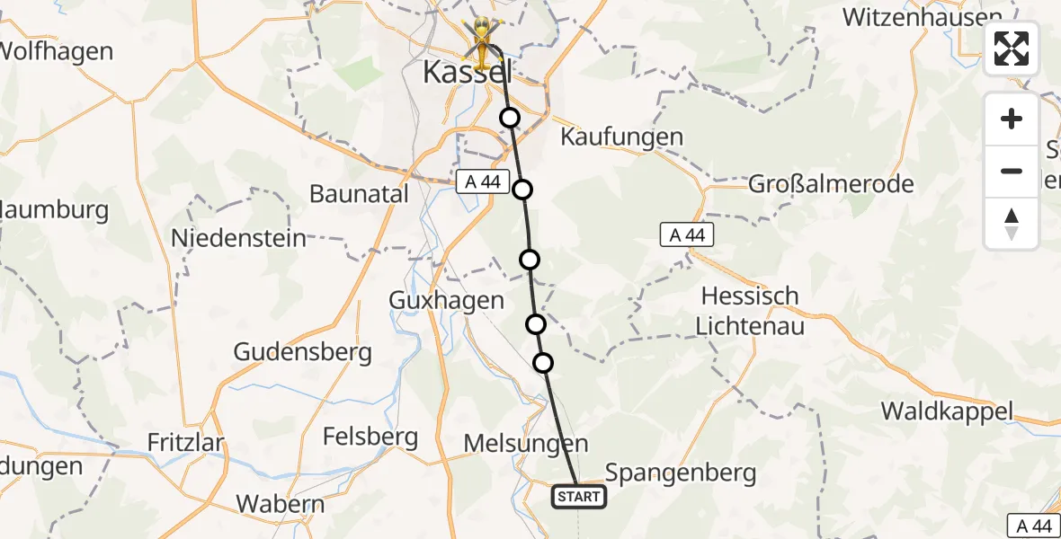 Flugroute Rettungshubschrauber Melsungen - Kassel, 30 Mai 2026, 09:13