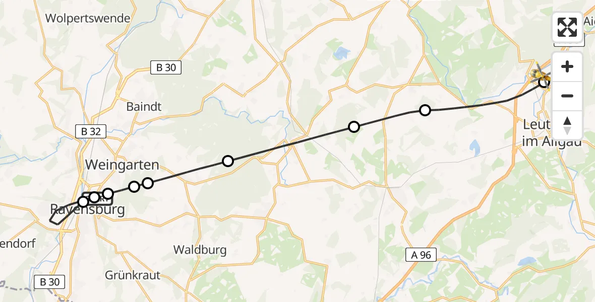 Flugroute Rettungshubschrauber Sankt Elisabeth Hospital - Leutkirch-Unterzeil Flugplatz, 30 Mai 2026, 09:16