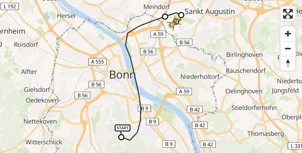 Flugroute Rettungshubschrauber Bonn University Hospital - Sankt Augustin, 30 Mai 2026, 09:22