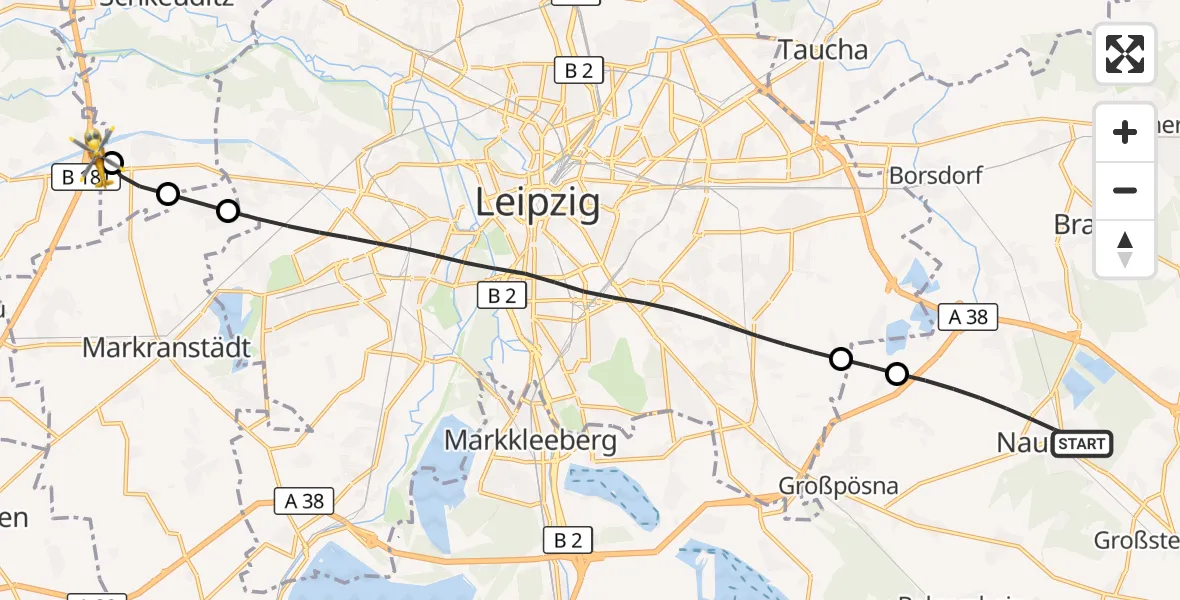 Flugroute Rettungshubschrauber Naunhof - ADAC Air Rescue Station Leipzig/Schkeuditz-Dölzig Hubschrauberlandeplatz (Christoph 61), 30 Mai 2026, 09:38