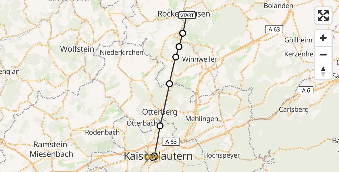 Flugroute Rettungshubschrauber Rockenhausen - Westpfalz Hospital Kaiserslautern, 30 Mai 2026, 09:41