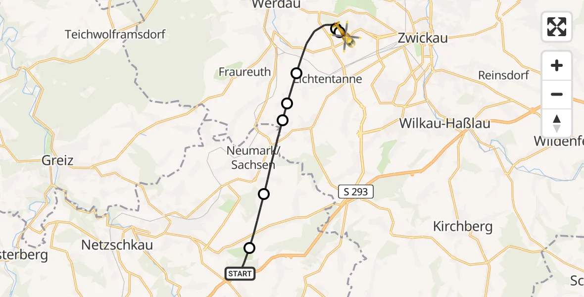 Flugroute Rettungshubschrauber Lengenfeld - ADAC Air Rescue Station Zwickau Hubschrauberlandeplatz, 30 Mai 2026, 09:43