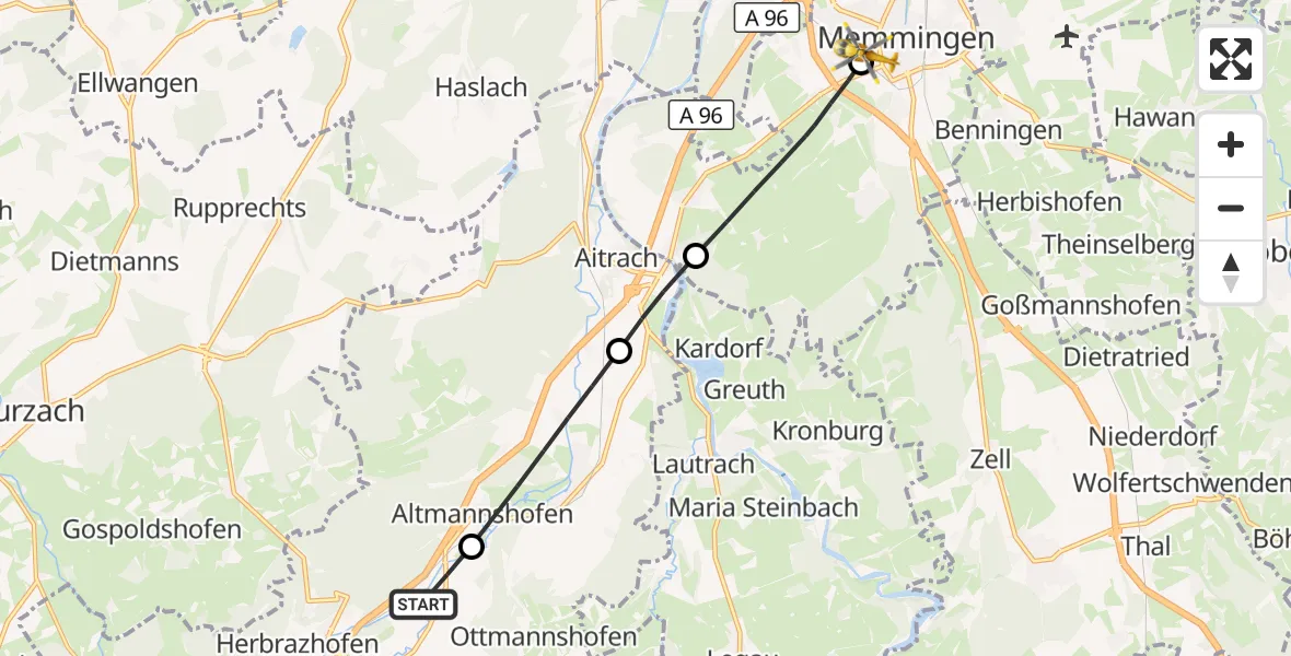 Flugroute Rettungshubschrauber Leutkirch im Allgäu - Memmingen Hospital, 30 Mai 2026, 09:46