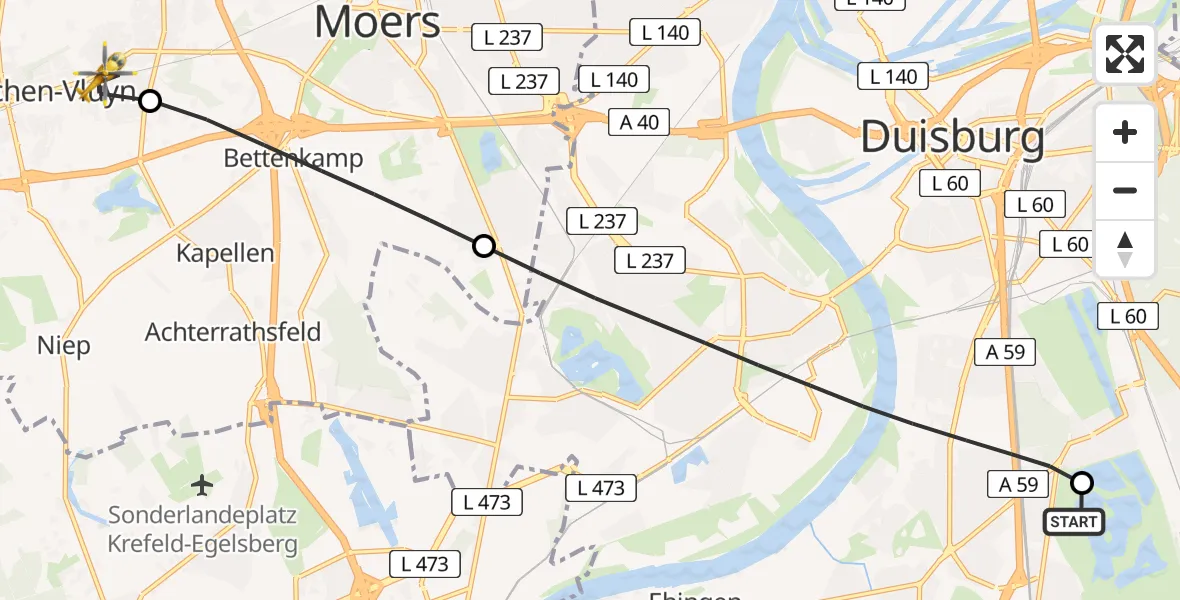 Flugroute Rettungshubschrauber Duisburg Air Rescue Hubschrauberlandeplatz (Christoph 9) - Neukirchen-Vluyn, 30 Mai 2026, 09:48