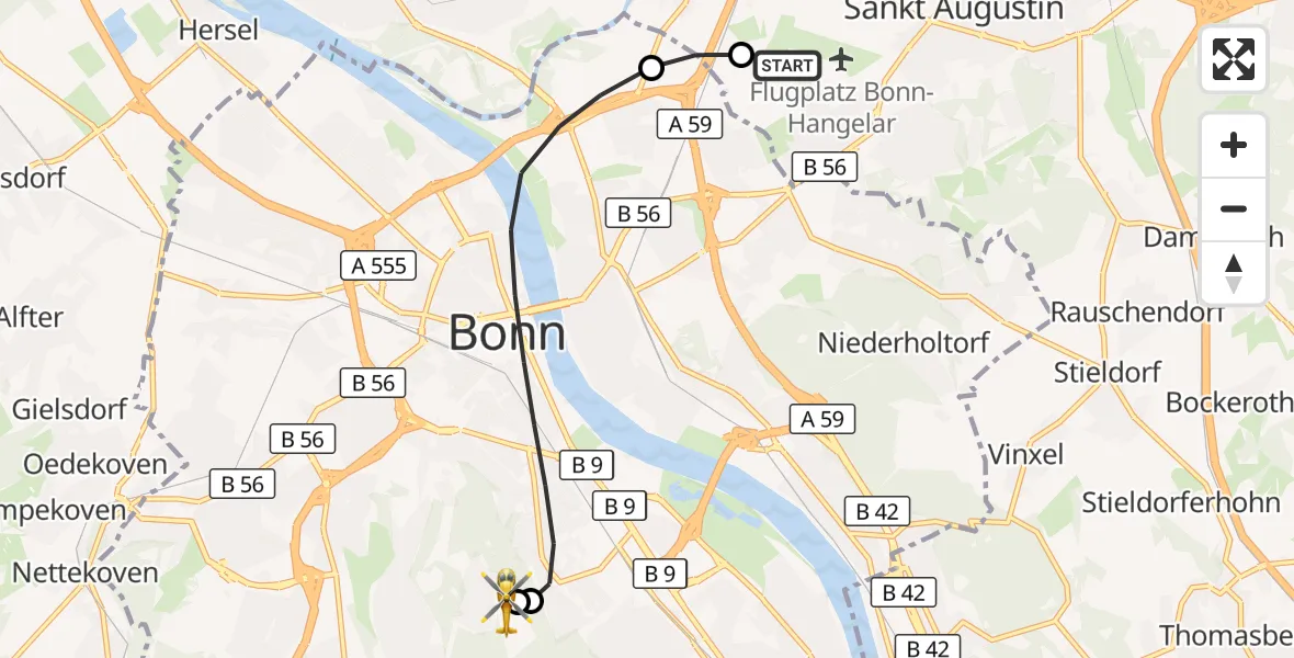 Flugroute Rettungshubschrauber Bonn-Hangelar Flugplatz - Bonn University Hospital, 30 Mai 2026, 09:48