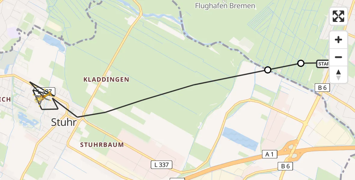 Flugroute Rettungshubschrauber ADAC Air Rescue Station Bremen Hubschrauberlandeplatz (Christoph 6) - Stuhr, 30 Mai 2026, 09:48