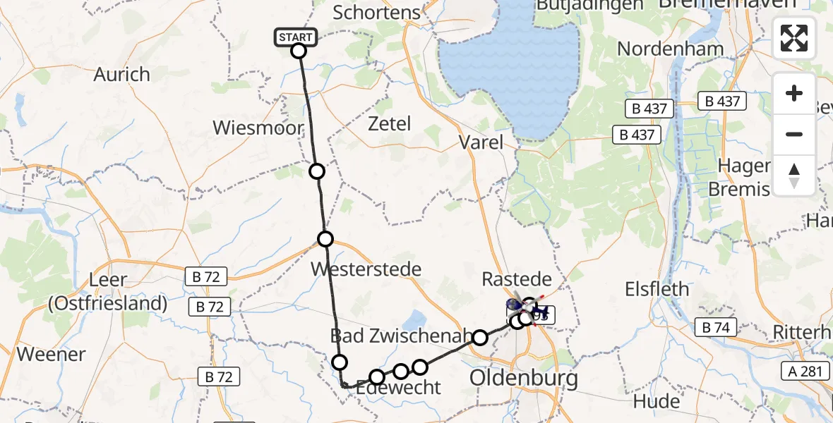 Flugroute Polizeihubschrauber Wittmund - Oldenburg Police Hubschrauberlandeplatz, 30 Mai 2026, 09:51