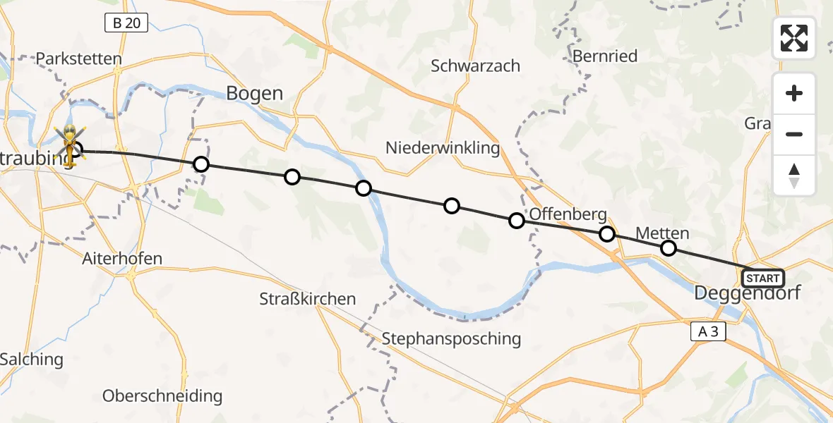 Flugroute Rettungshubschrauber Deggendorf - Sankt Elisabeth Hospital Straubing, 30 Mai 2026, 09:51