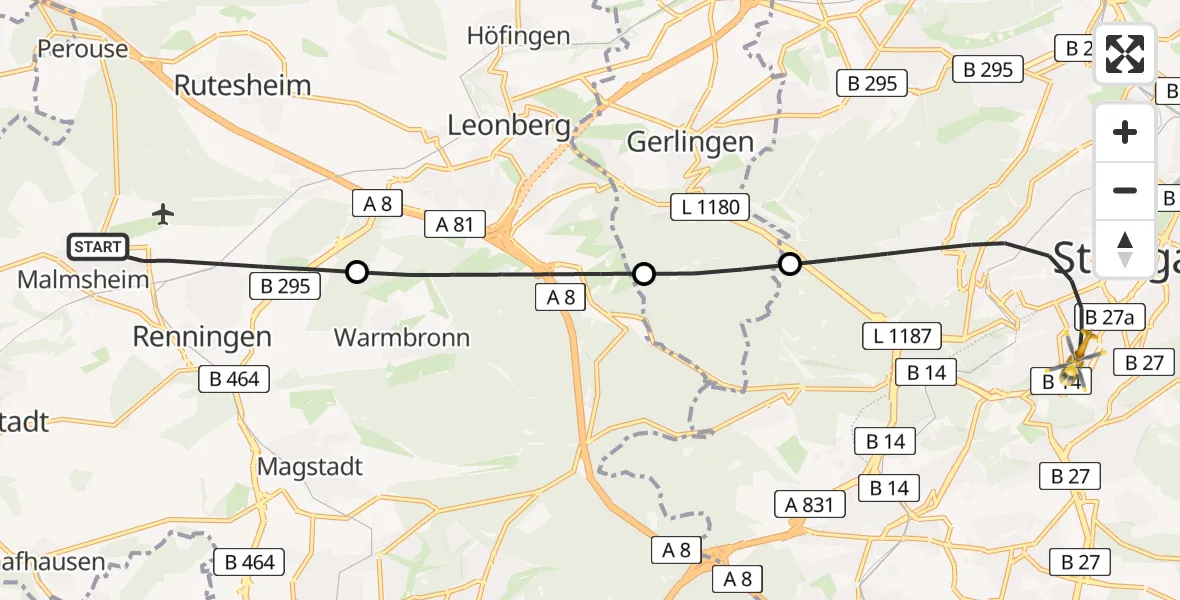 Flugroute Rettungshubschrauber Renningen - Stuttgart, 30 Mai 2026, 09:55