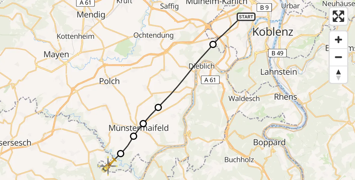 Flugroute Rettungshubschrauber Koblenz - Münstermaifeld, 30 Mai 2026, 09:56