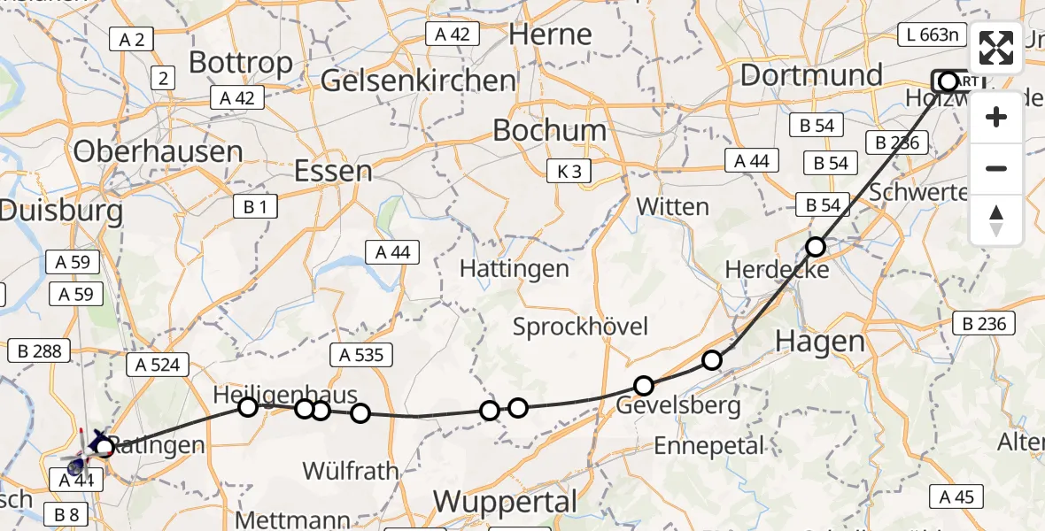 Flugroute Polizeihubschrauber Dortmund Flughafen - Düsseldorf Flughafen, 30 Mai 2026, 09:59