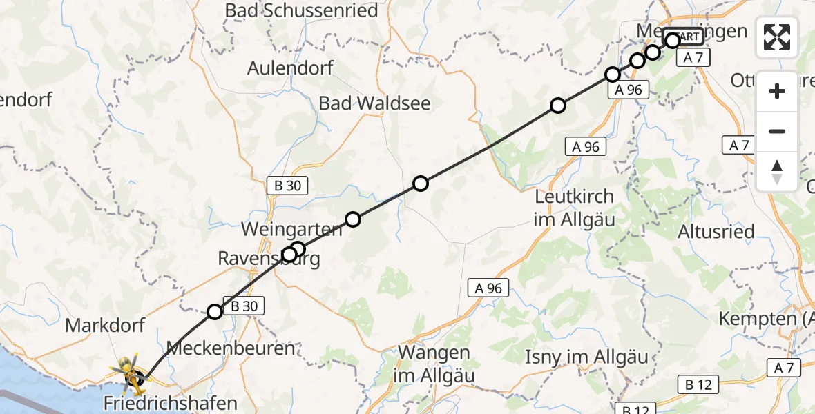 Flugroute Rettungshubschrauber Memmingen Hospital - Friedrichshafen Hospital, 30 Mai 2026, 10:08