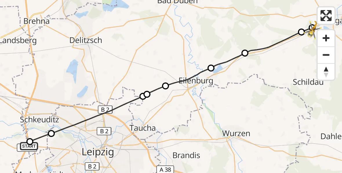 Flugroute Rettungshubschrauber ADAC Air Rescue Station Leipzig/Schkeuditz-Dölzig Hubschrauberlandeplatz (Christoph 61) - Torgau, 30 Mai 2026, 10:14
