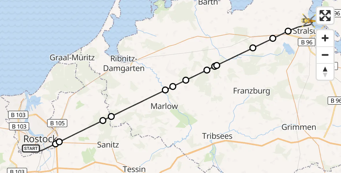 Flugroute Rettungshubschrauber Rostock - Stralsund, 30 Mai 2026, 10:19