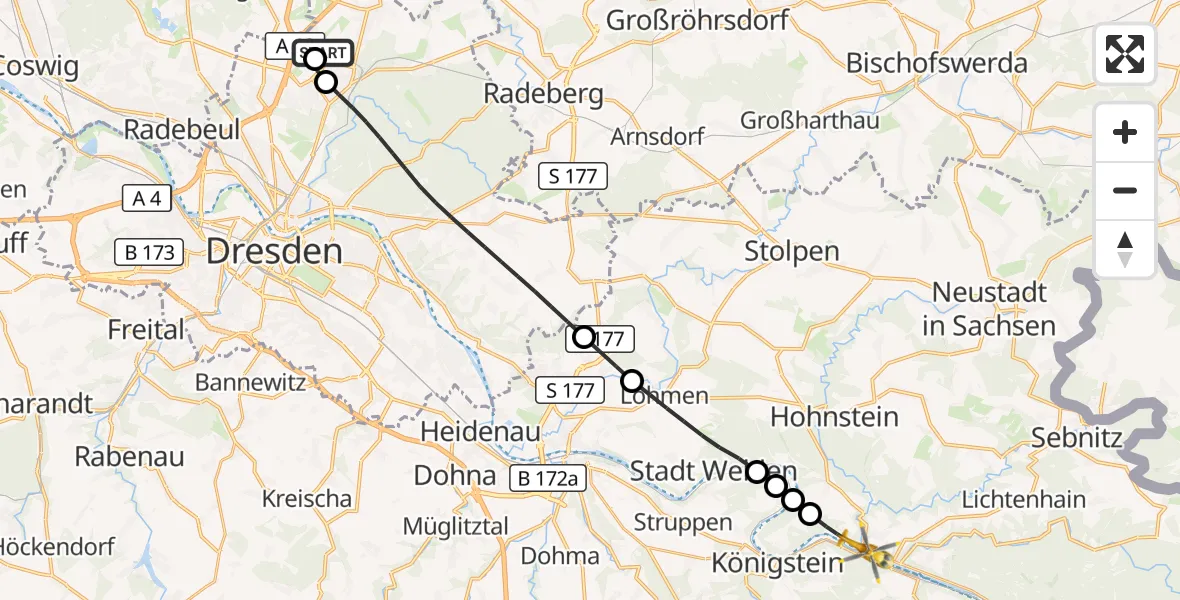 Flugroute Rettungshubschrauber Dresden Bundespolizei Hubschrauberlandeplatz - Bad Schandau, 30 Mai 2026, 10:20