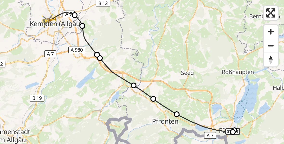 Flugroute Rettungshubschrauber Füssen - Kempten (Allgäu), 30 Mai 2026, 10:21