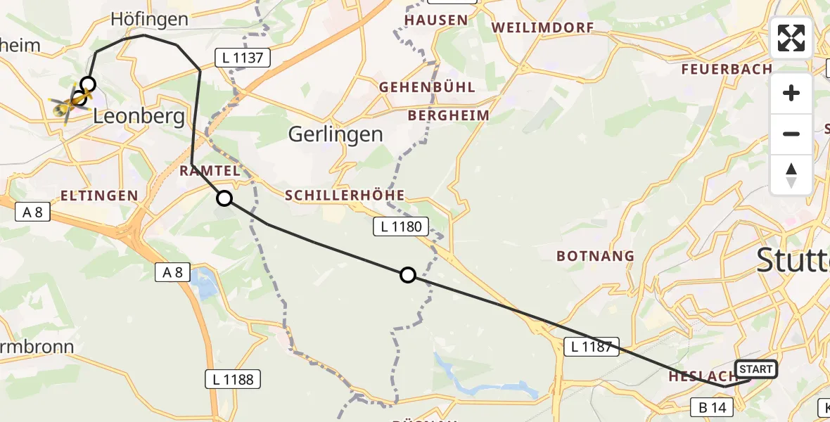Flugroute Rettungshubschrauber Stuttgart - Leonberg Hospital, 30 Mai 2026, 10:23