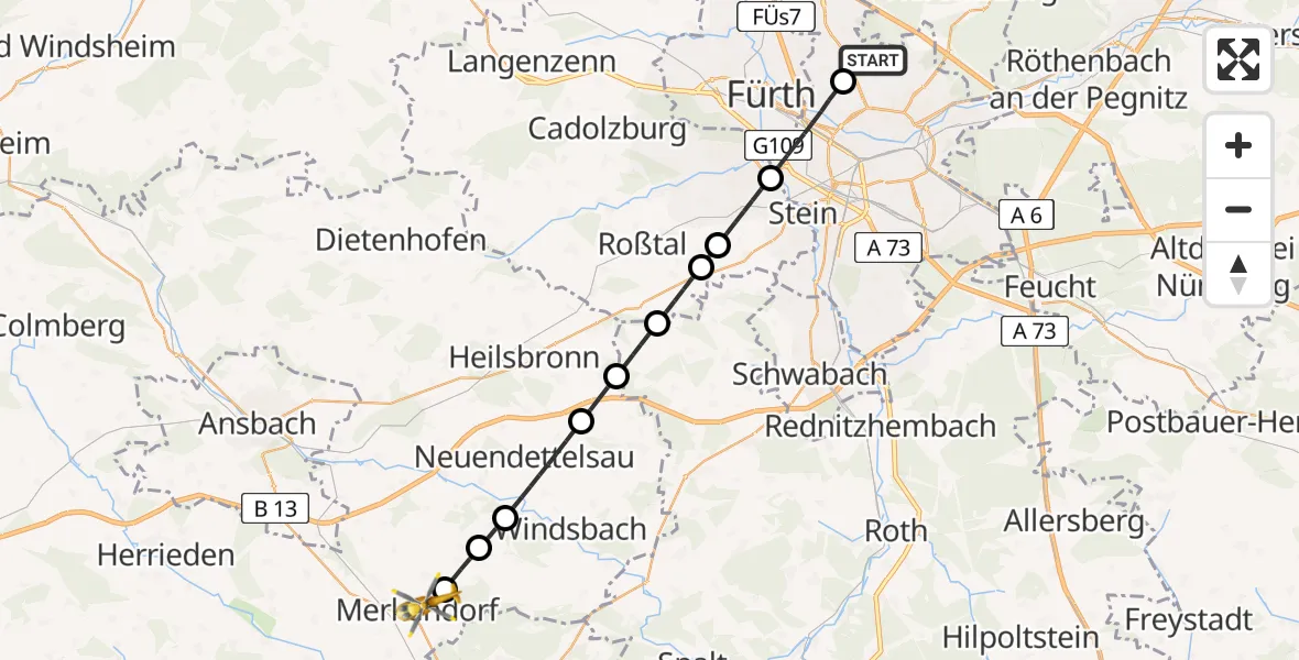Flugroute Ambulanzhubschrauber Flughafen Nuremberg - Merkendorf, 30 Mai 2026, 10:25