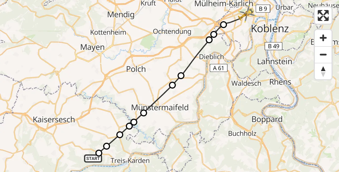 Flugroute Rettungshubschrauber Klotten - Koblenz, 30 Mai 2026, 10:28
