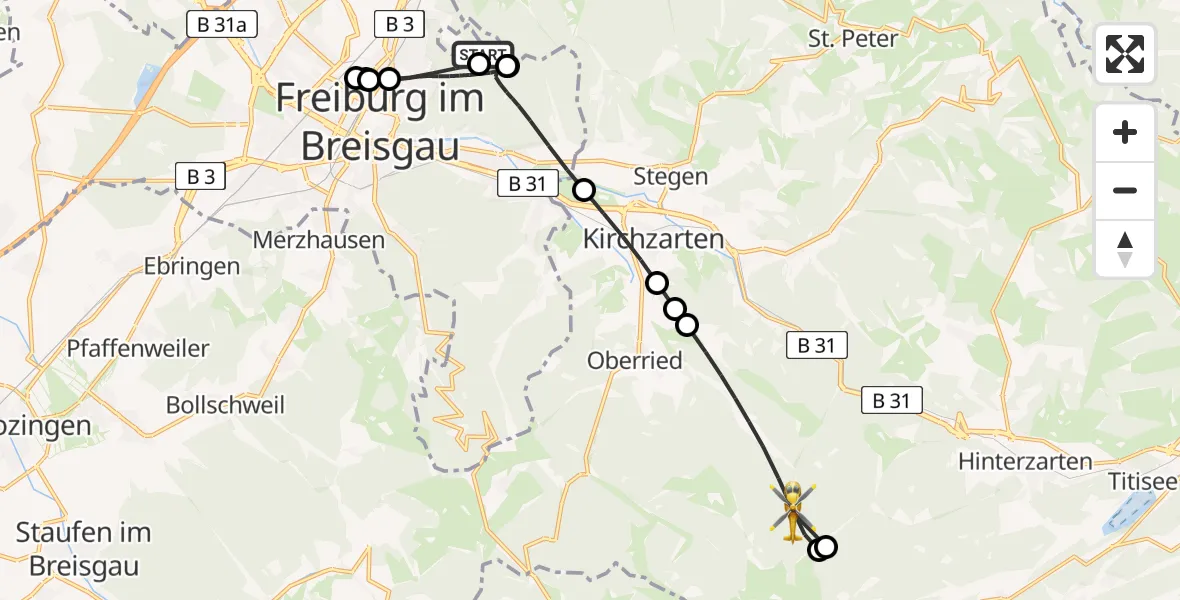 Flugroute Rettungshubschrauber Gundelfingen - Oberried, 30 Mai 2026, 10:29