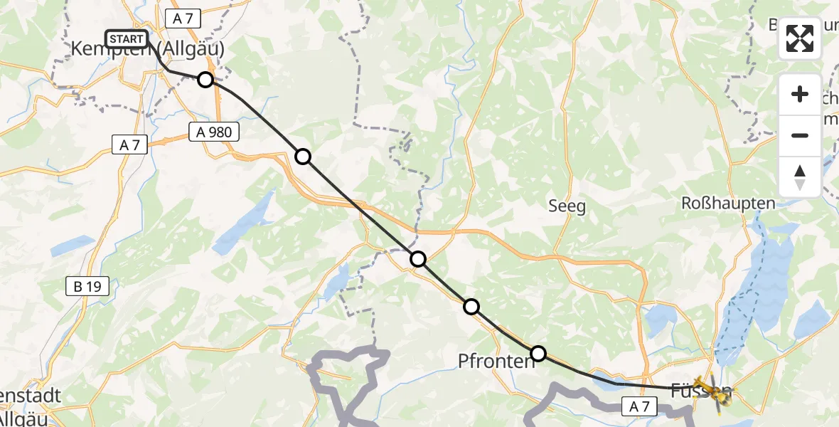 Flugroute Rettungshubschrauber Kempten (Allgäu) - Füssen, 30 Mai 2026, 10:35