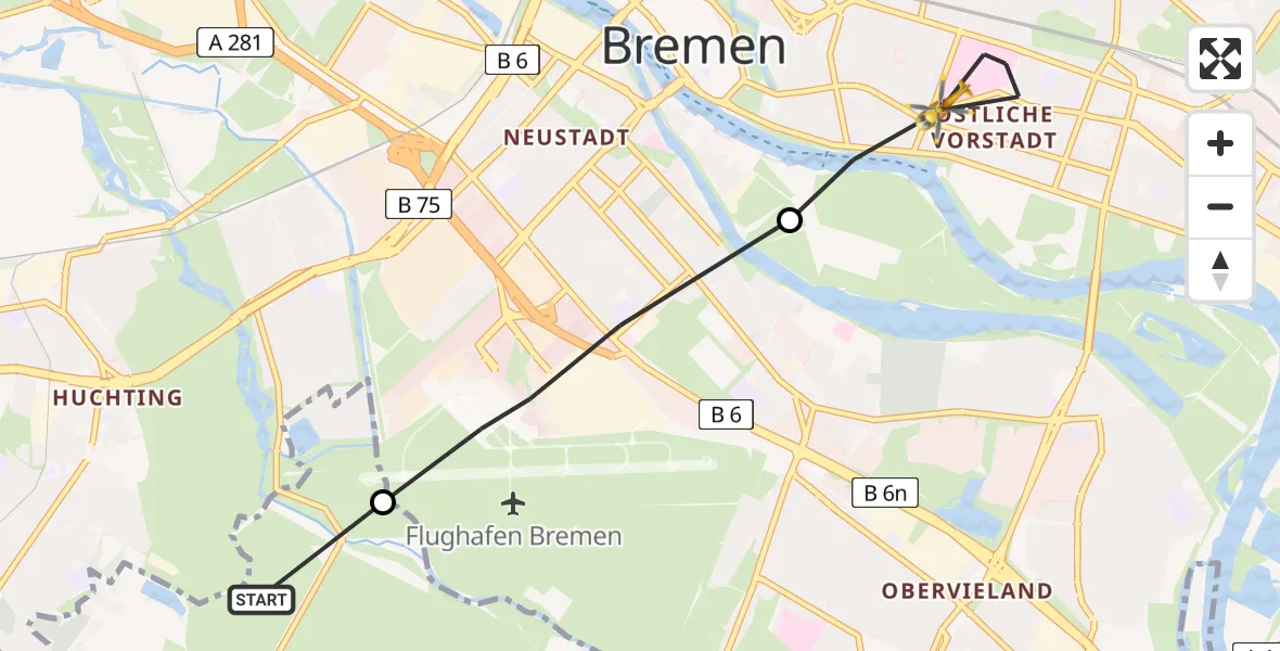 Flugroute Rettungshubschrauber Stuhr - Bremen, 30 Mai 2026, 10:41
