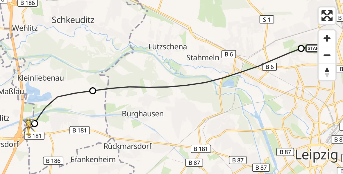 Flugroute Rettungshubschrauber Sankt Georg Hospital Leipzig Reserve - ADAC Air Rescue Station Leipzig/Schkeuditz-Dölzig Hubschrauberlandeplatz (Christoph 61), 30 Mai 2026, 10:49