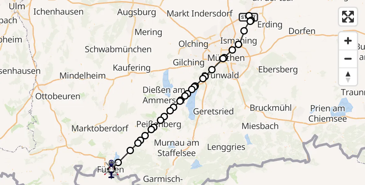 Flugroute Polizeihubschrauber Hallbergmoos - Füssen, 30 Mai 2026, 10:50
