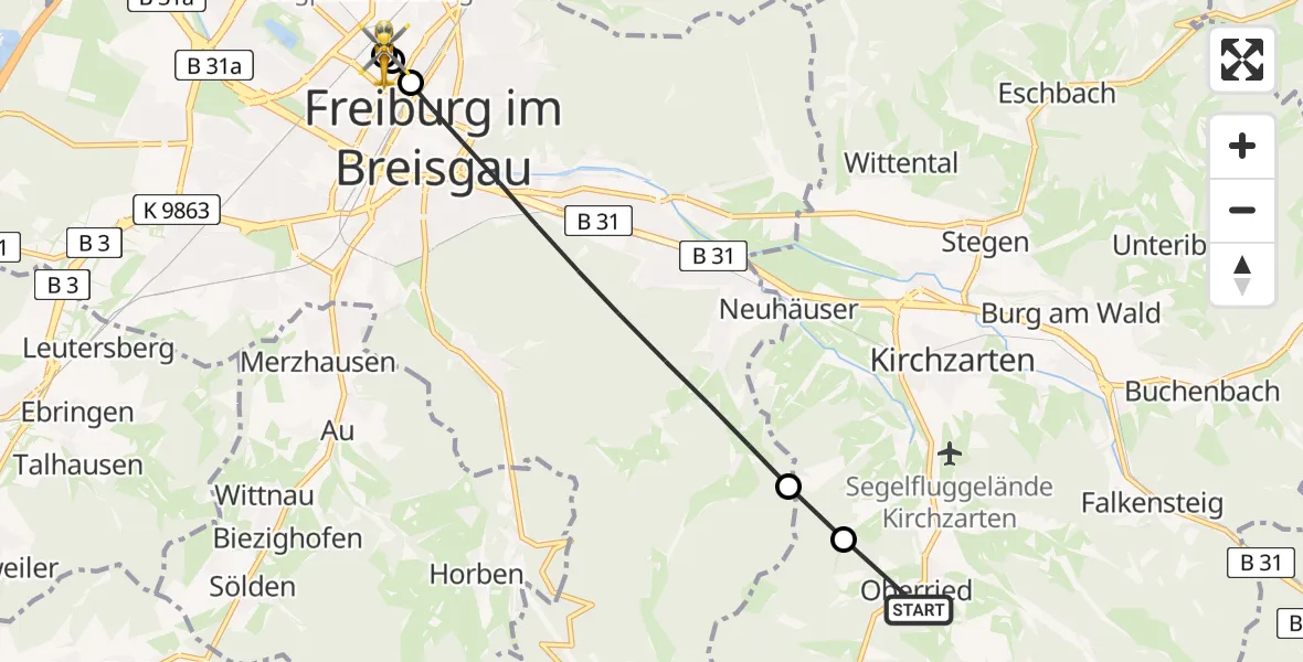 Flugroute Rettungshubschrauber Oberried - Freiburg University Hospital Heliport 1, 30 Mai 2026, 10:53