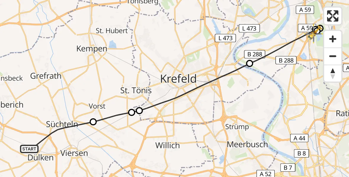 Flugroute Rettungshubschrauber Viersen - Duisburg Air Rescue Hubschrauberlandeplatz (Christoph 9), 30 Mai 2026, 10:55