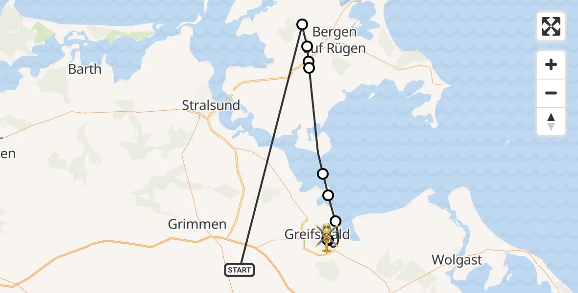 Flugroute Rettungshubschrauber Süderholz - Greifswald Hospital, 30 Mai 2026, 10:55