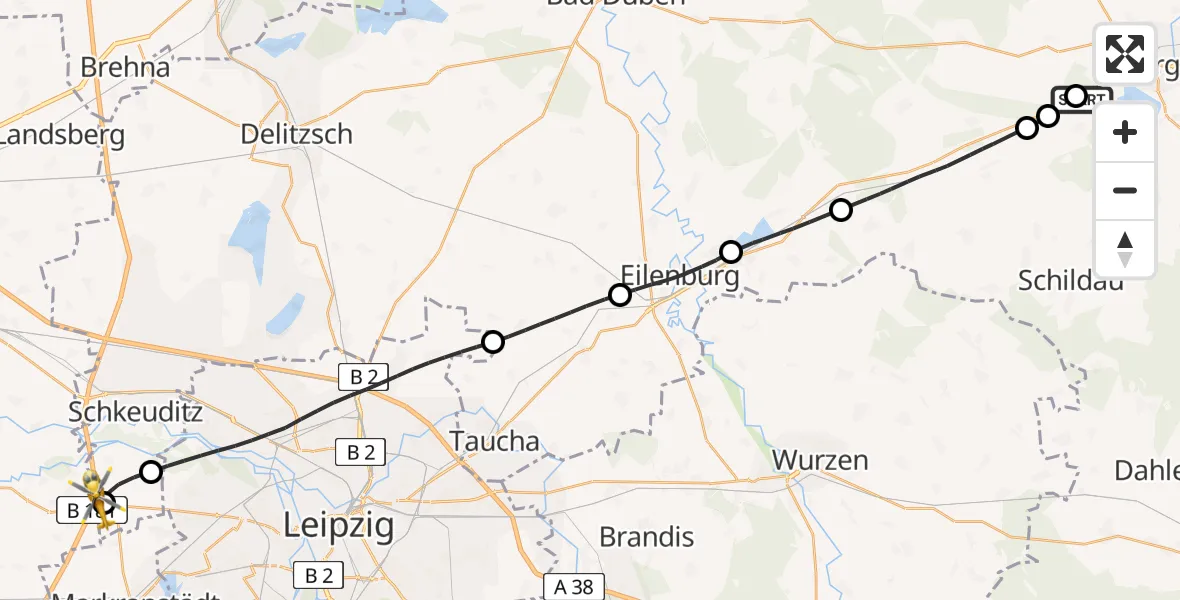 Flugroute Rettungshubschrauber Torgau - ADAC Air Rescue Station Leipzig/Schkeuditz-Dölzig Hubschrauberlandeplatz (Christoph 61), 30 Mai 2026, 10:56