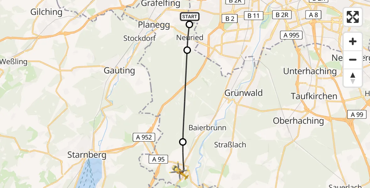 Flugroute Rettungshubschrauber DRF Air Rescue München Hubschrauberlandeplatz - Schäftlarn, 30 Mai 2026, 11:09