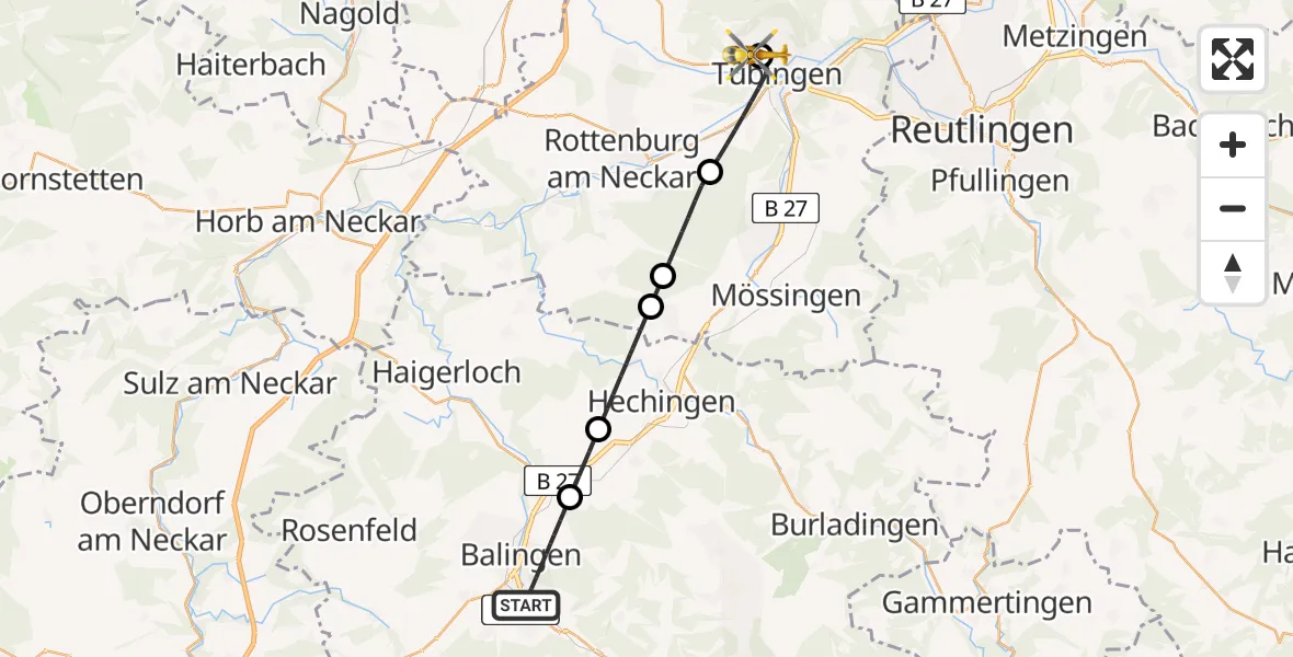 Flugroute Ambulanzhubschrauber Balingen - Tübingen University Hospital, 30 Mai 2026, 11:13