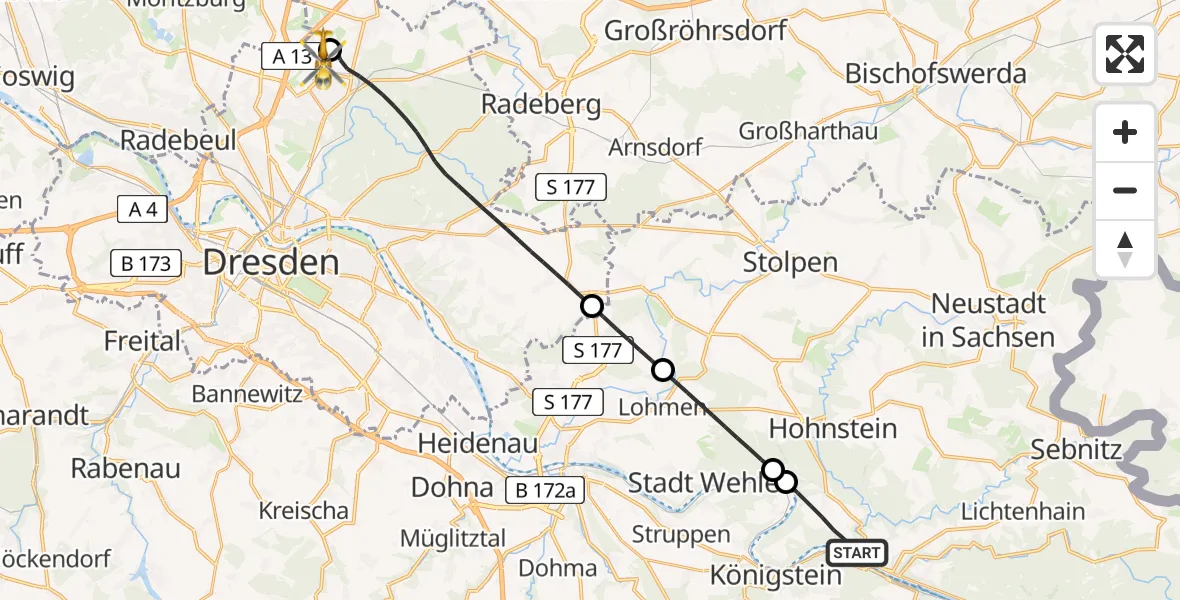 Flugroute Rettungshubschrauber Bad Schandau - Dresden Bundespolizei Hubschrauberlandeplatz, 30 Mai 2026, 11:17