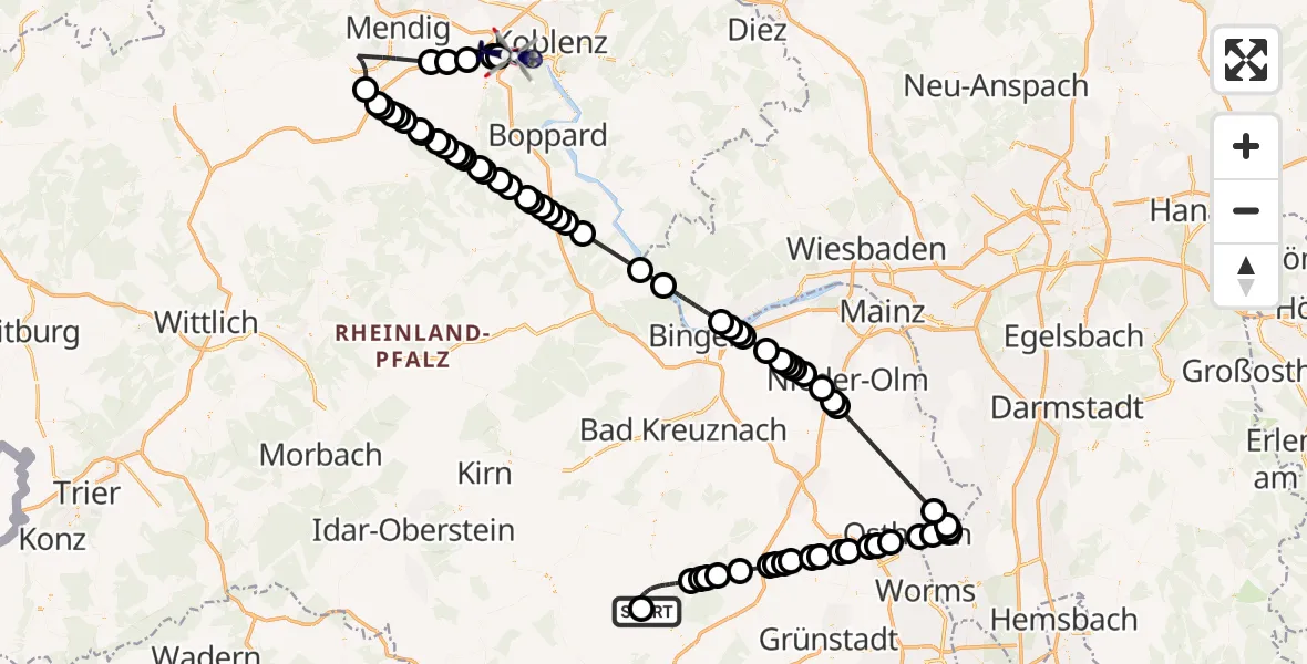 Flugroute Polizeihubschrauber Imsweiler UL - Koblenz, 30 Mai 2026, 11:23